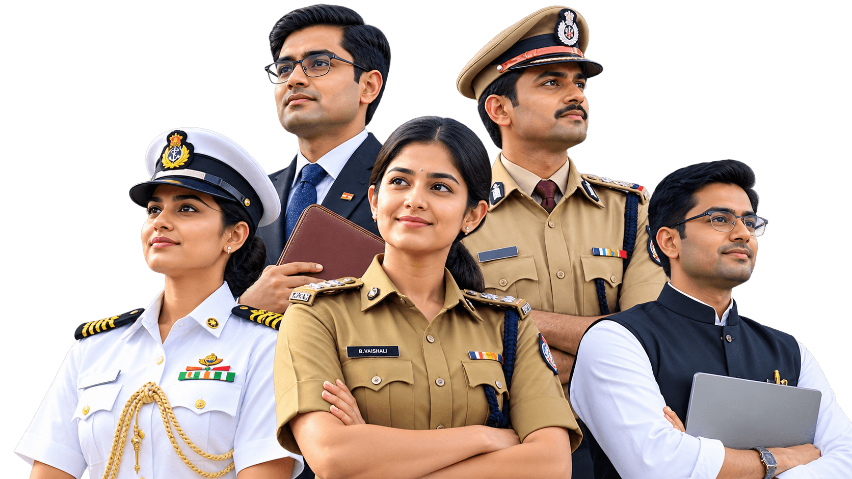 Five candidates in the uniforms and attire of the services these exams lead to: navy, administrative and police officers